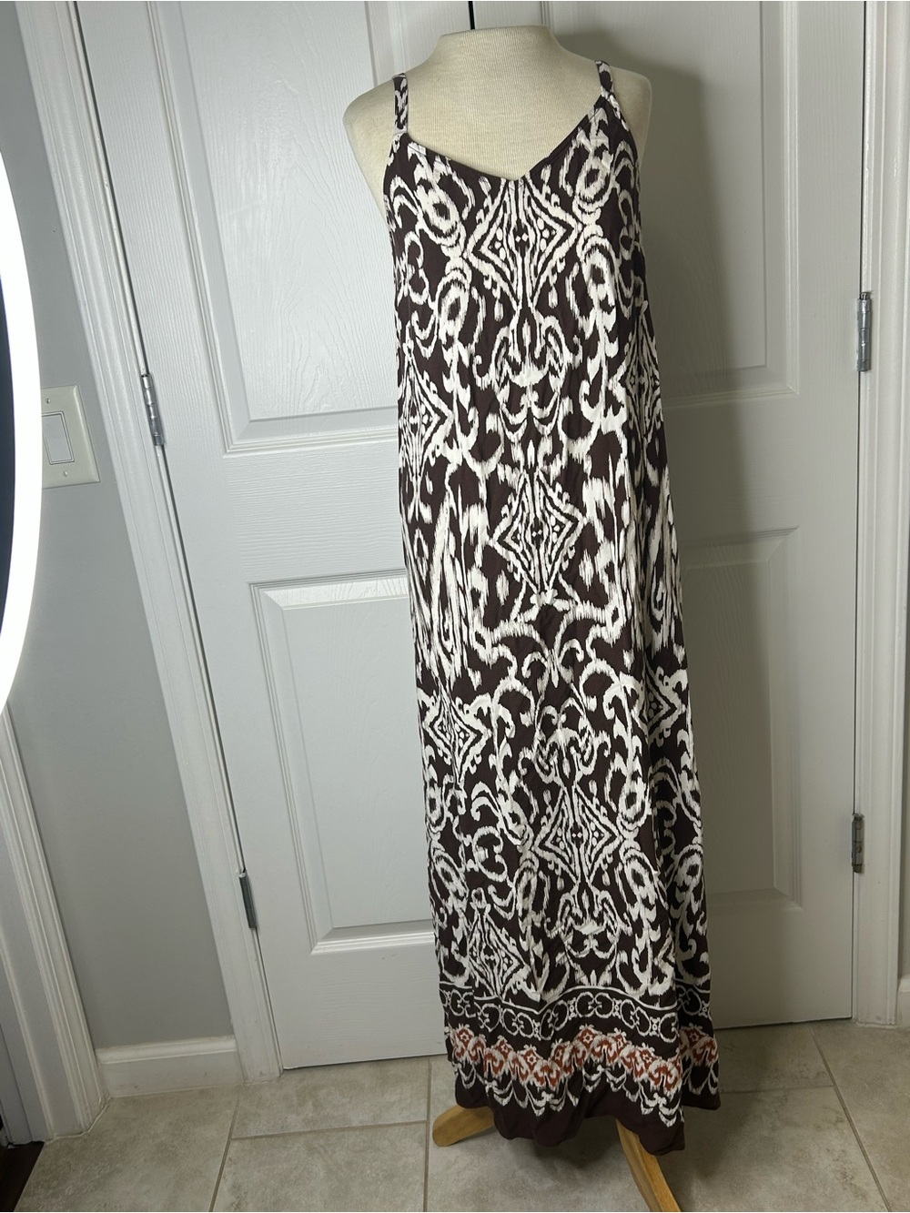 MSK Vestido Maxi Estampado Marrón Blanco Rayon Talla S - Picture 2 of 11